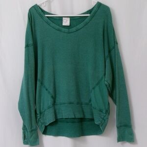 Offline by Aerie Green Waffle Knit Distressed V-neck long sleeve